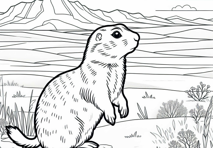 Прашният куче стои изправено и се оглежда из степите – безплатен контур за оцветяване