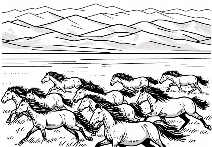 Wild horses gallop across a grassy area in a steppe - coloring page free