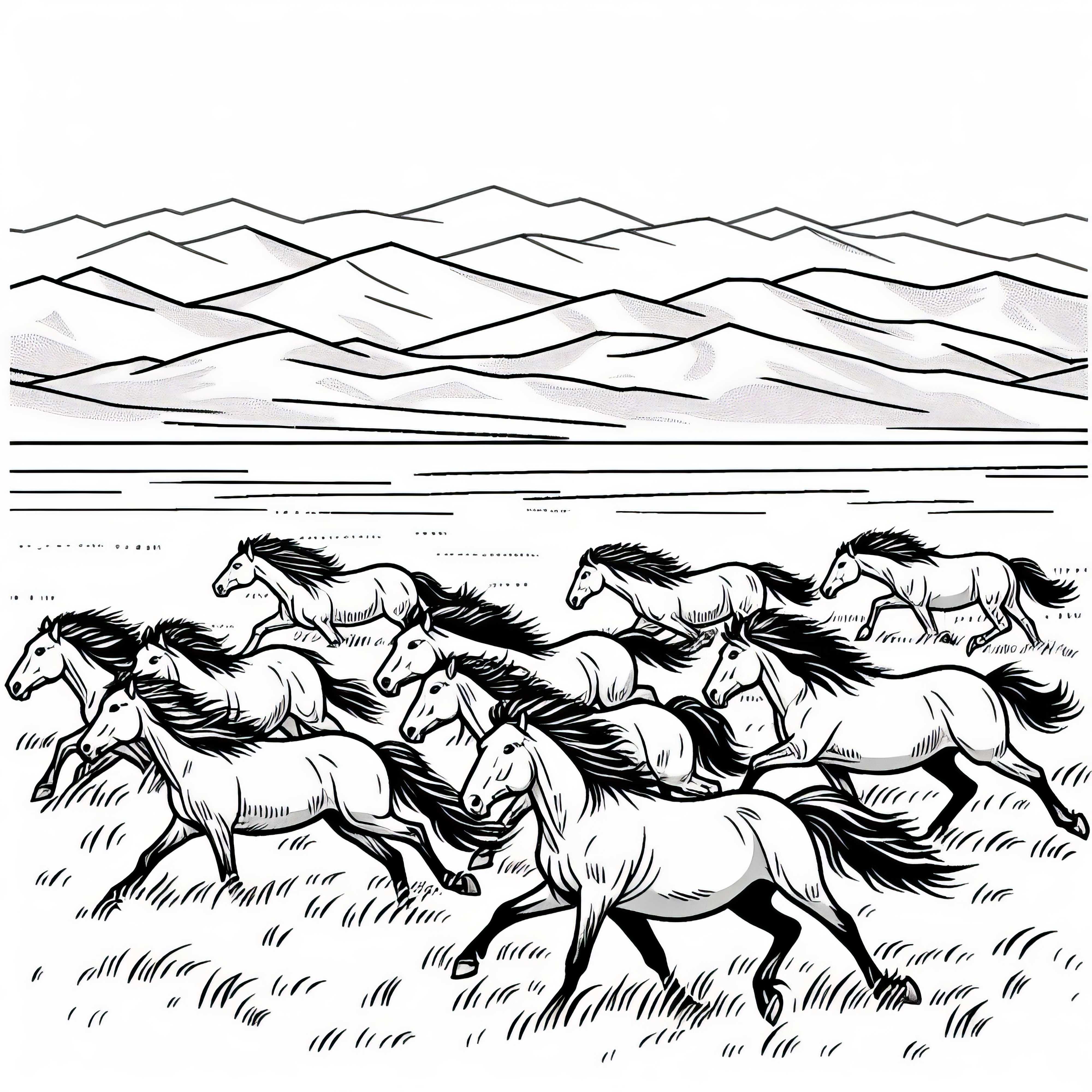 Диви коне галопират през една трева в степ – Безплатен рисунка за оцветяване Дивите коне галопират по тревна площ в степ – безплатна оцветяваща картина