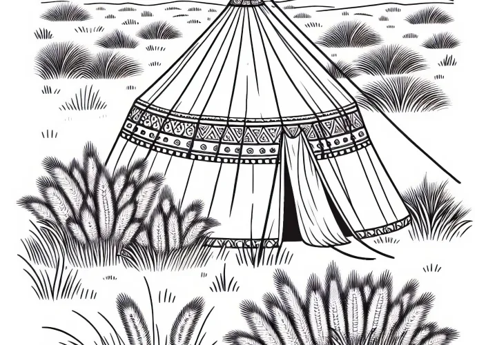 Tent of a nomadic people among grass clumps in the steppe – free coloring page
