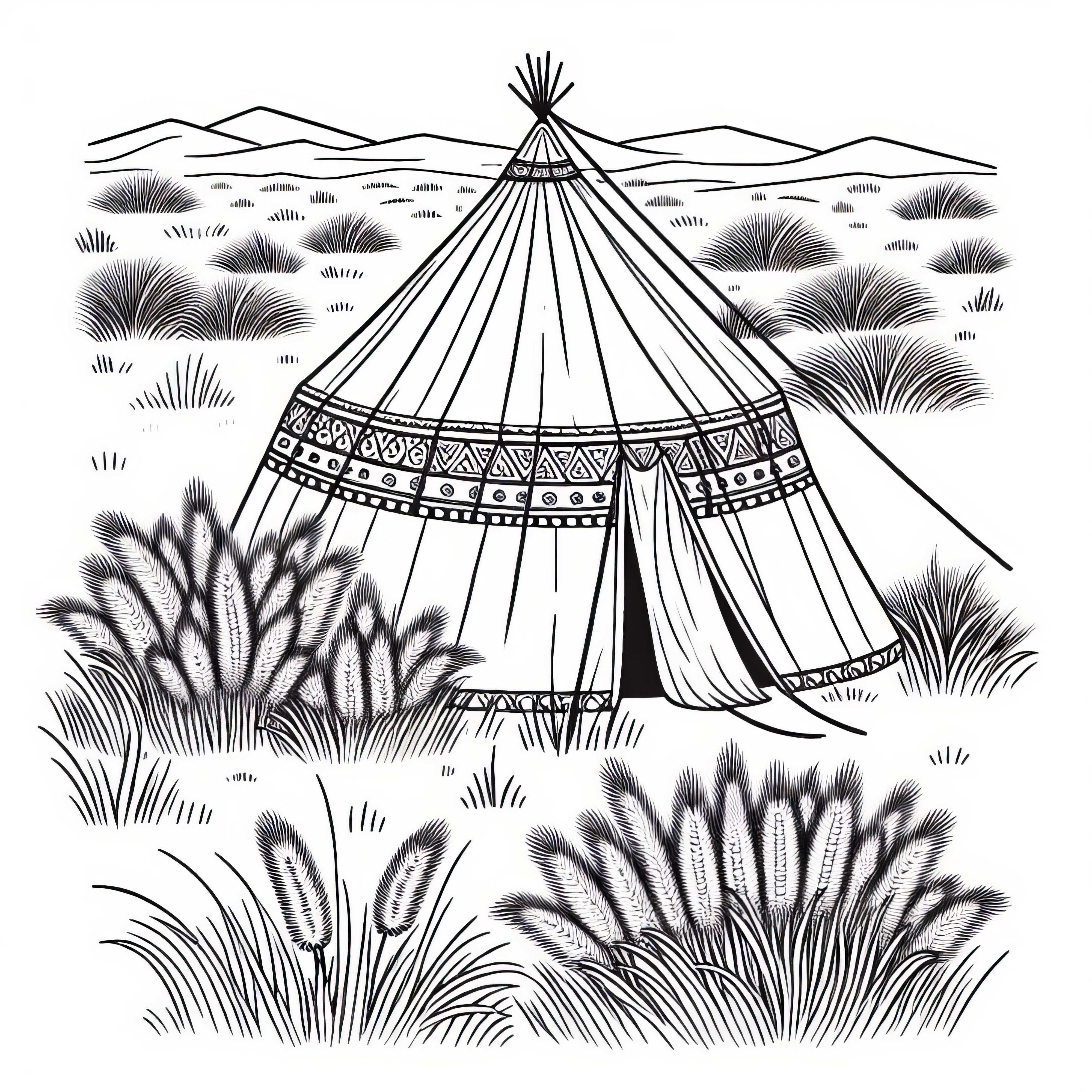 Шатра на номадски народ между тревни купчини в степта – безплатна рисунка за оцветяване Шатра на номадски народ между тревни храсти в степта - безплатна рисувателна картина