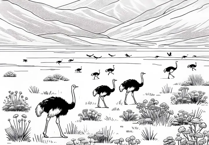 Ostrich Racing Over Dry Plains of a Steppe – Free Coloring Page