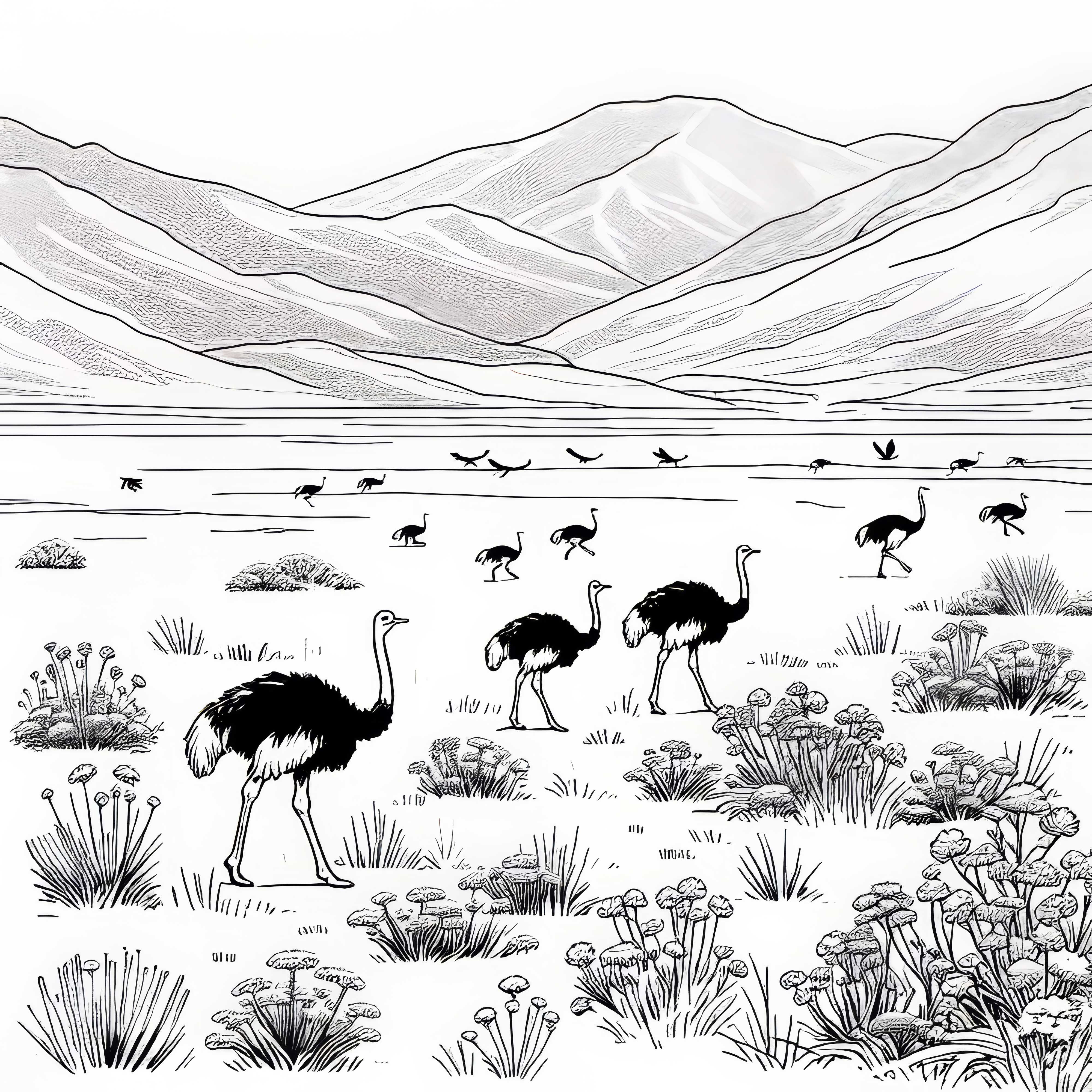 Страуси бягат през суха равнина на степ – безплатна оцветяваща страница Странстване на щрауси по суха равнина на степ – безплатна рисунка за оцветяване