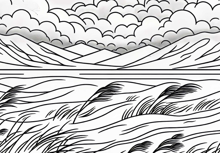 Вятър духа над тревиста степ – Безплатно изтегляне на картинка за оцветяване