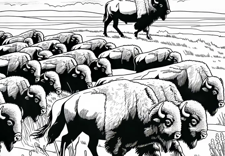 Bison herd moves through the steppe – Free coloring page