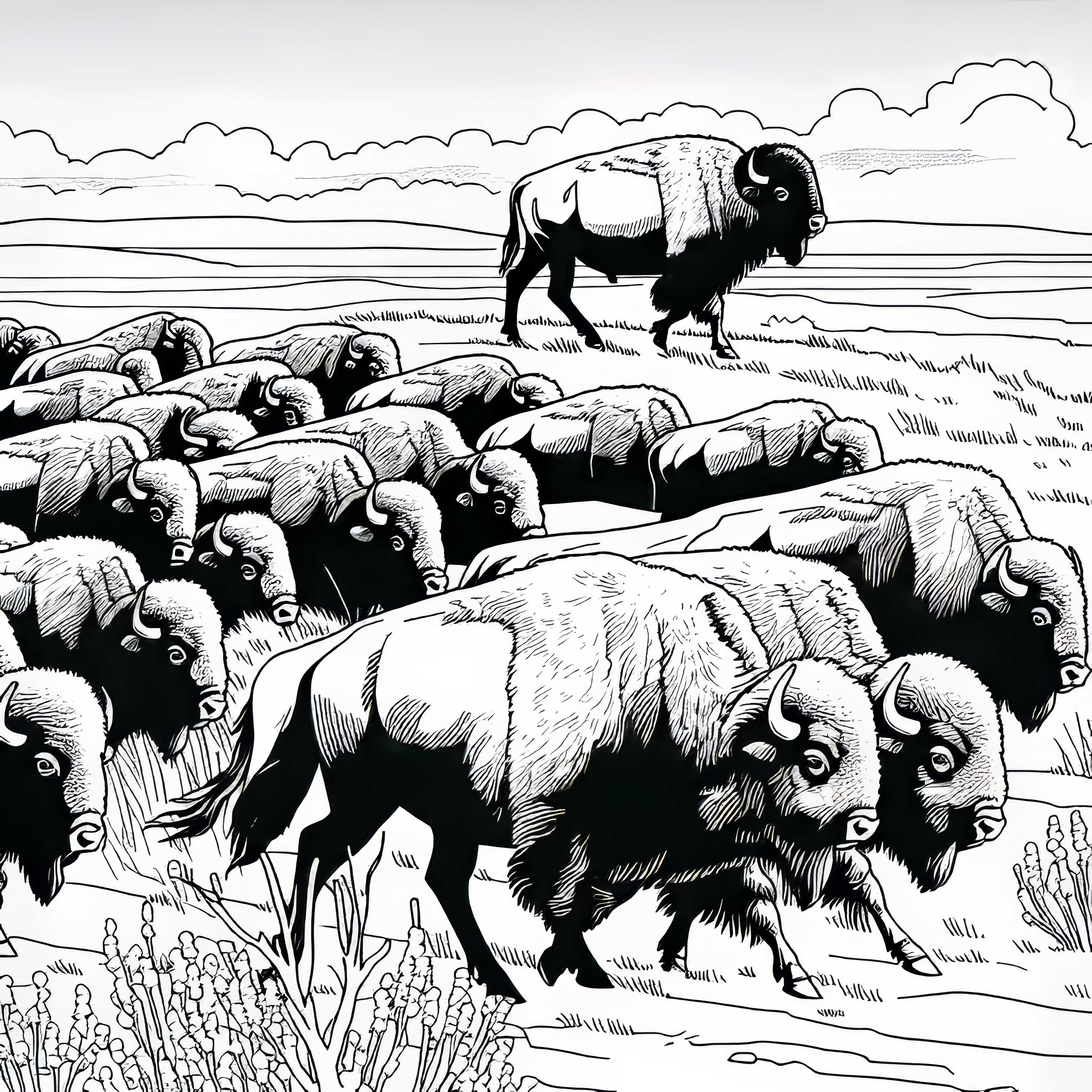 Бизоново стадо преминава през степта – Безплатна оцветяваща картина Биволска отара преминава през степта - безплатна оцветяваща картина