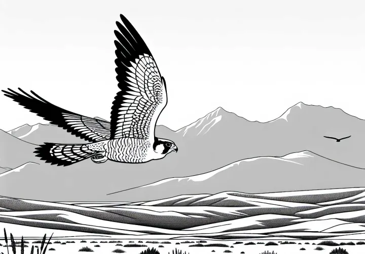 Peregrine falcon circles over the steppe - free coloring template