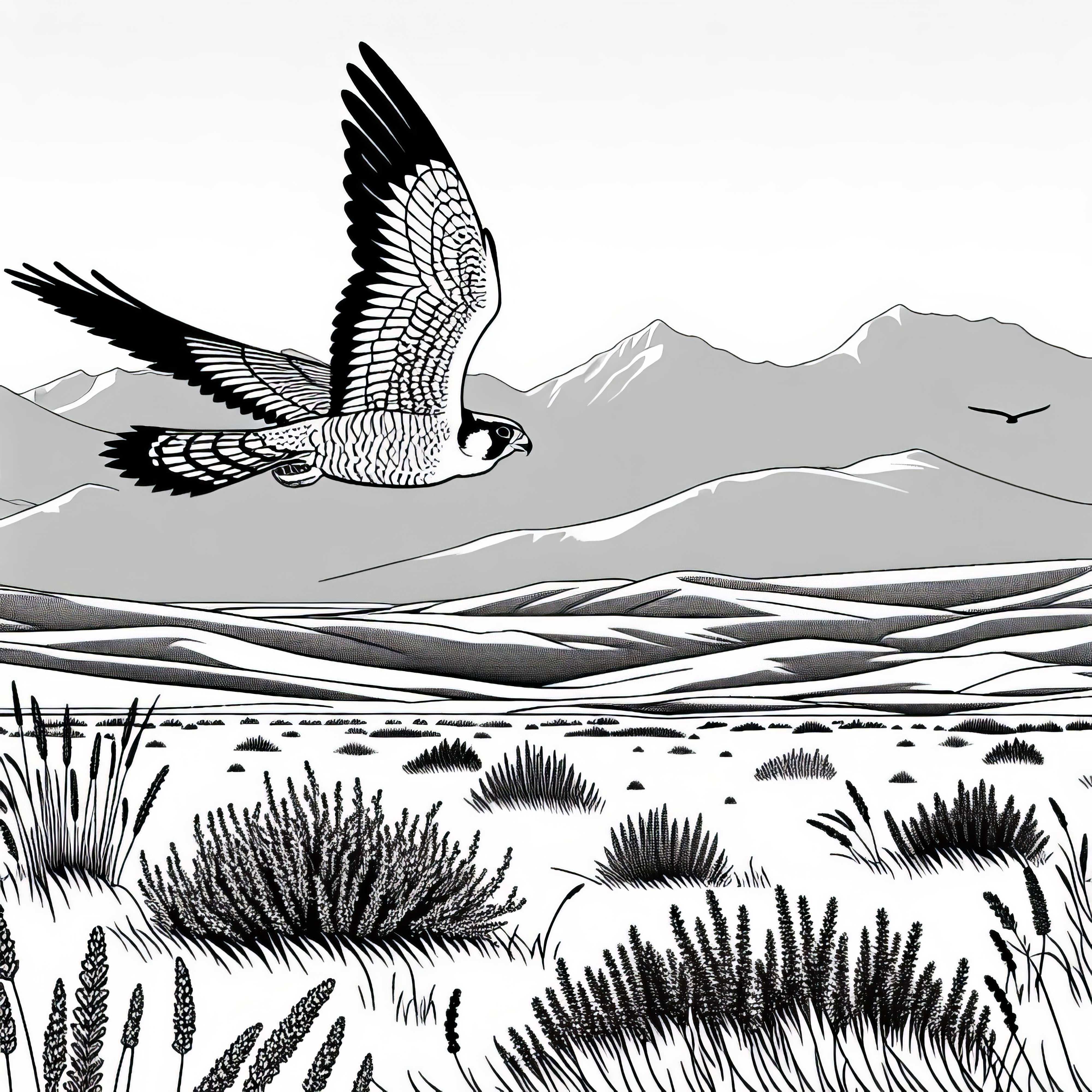 Скитникът кръжи над степта - безплатен шаблон за оцветяване Скиталецът кръжи над степта – Безплатен шаблон за оцветяване