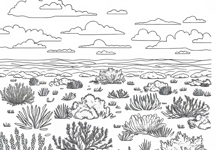 Barren steppe with scattered bushes – free coloring page