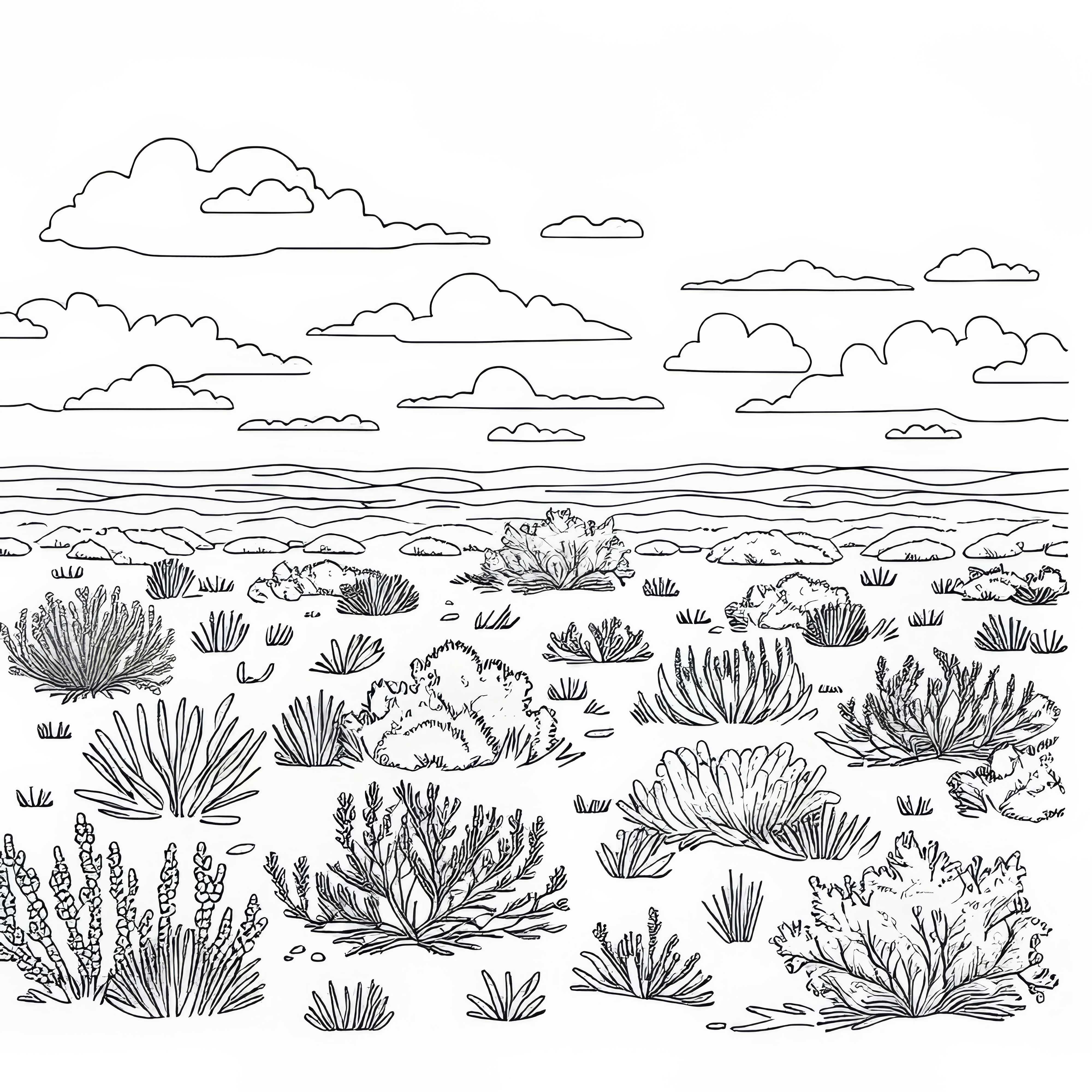 Пустинна степ с отделни храсти - безплатна оцветяваща страница Пустинна степ с разпръснати храсти – безплатен шаблон за оцветяване