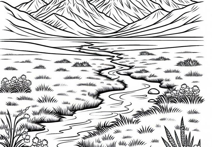 Река през безкрайна тревна местност – шаблон за оцветяване на степ