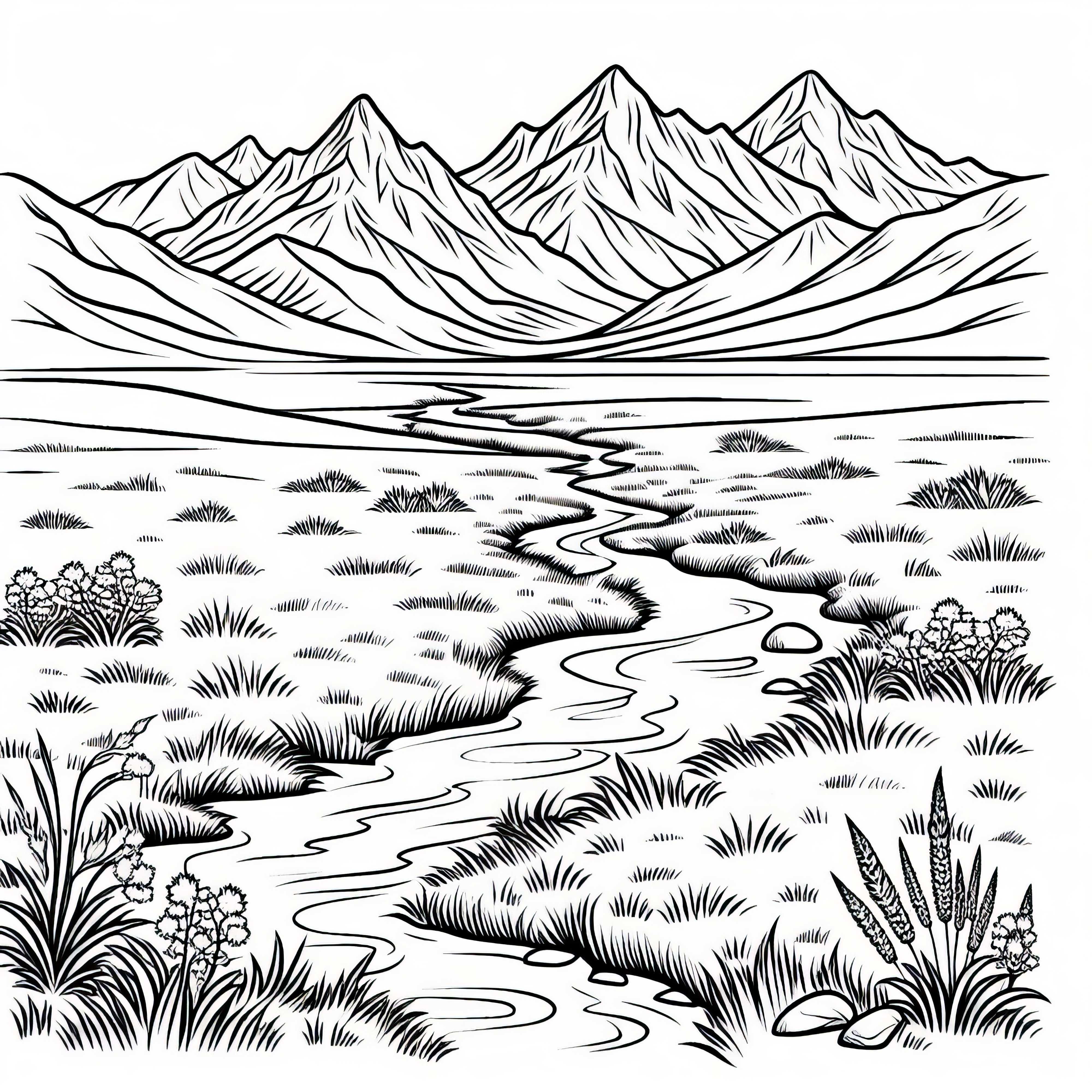 Река, извиваща се през безкрайни草исти поляни – шаблон за оцветяване на степ Река в безкрайни тревни площи – безплатна оцветяваща страница степ