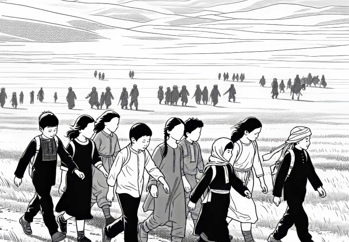 Децата вървят из степта – Безплатна рисунка за оцветяване