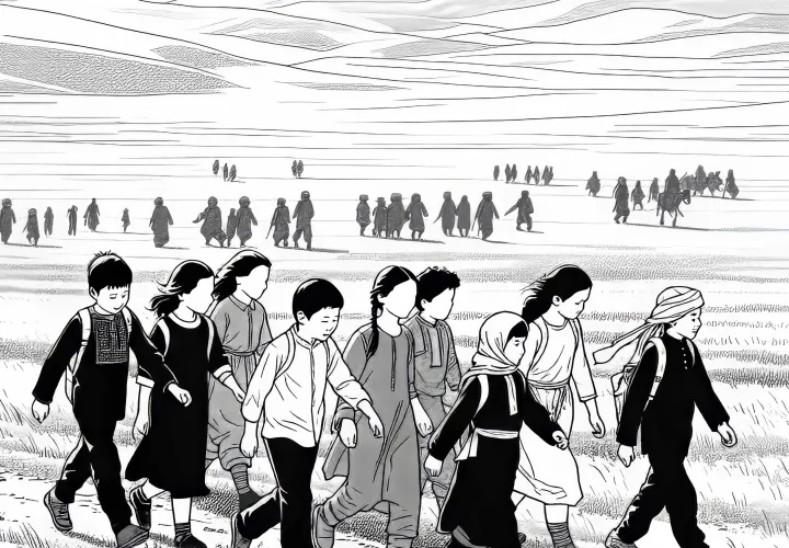 Children hike through the steppe – Free coloring page