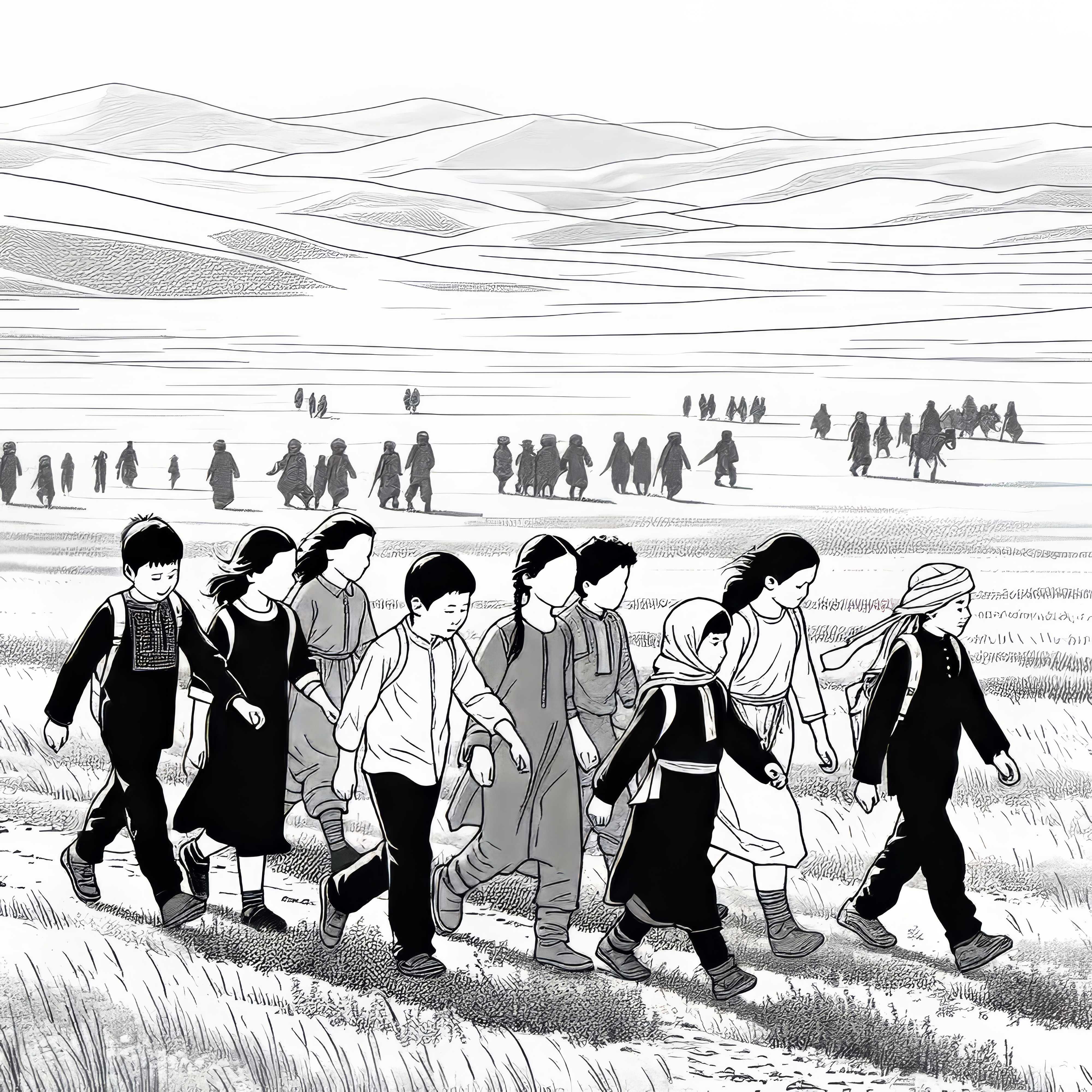 Децата ходят през степите - Безплатна рисунка за оцветяване Децата се разходят из степта – безплатна оцветяваща картинка