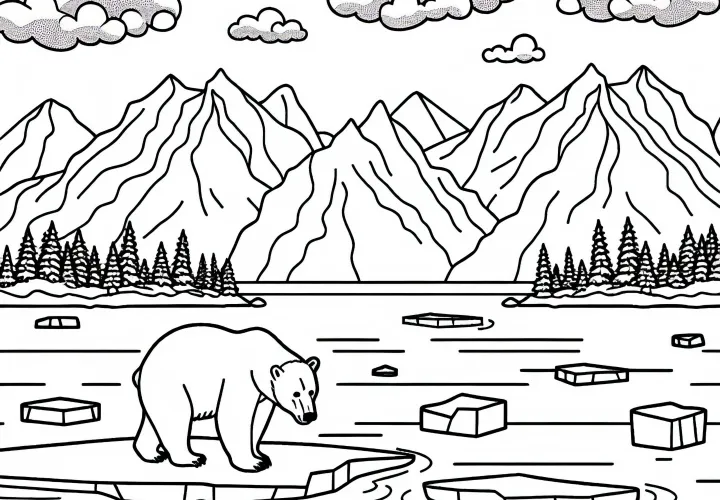 Free coloring template of a glacier-running polar bear on an ice floe