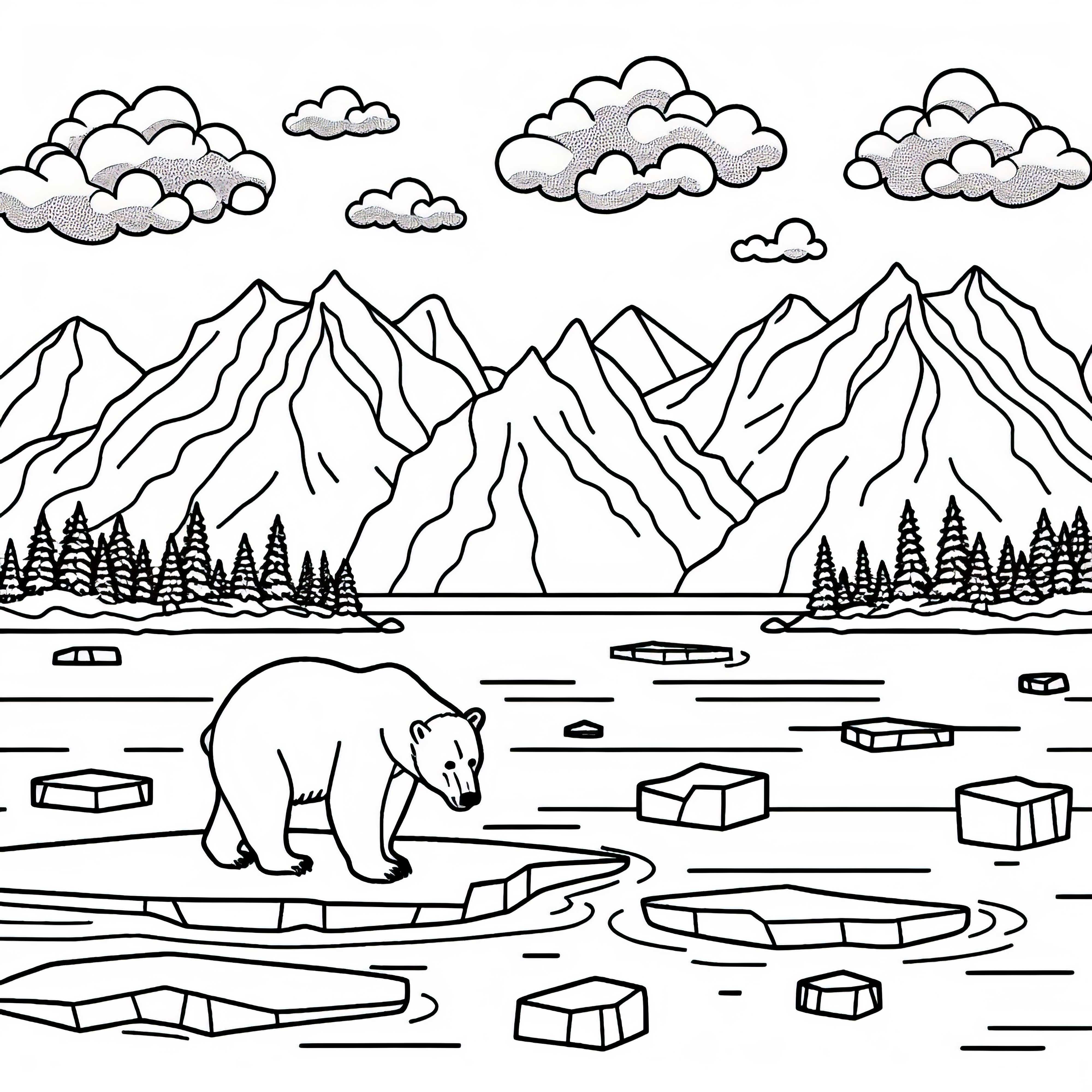 Безплатен оцветяващ лист с пингвин, плуващ на айсберг Безплатна боялка с ледникова мечка, която тича по ледена плоча