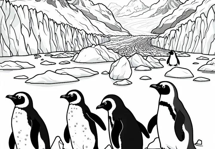 Penguins waddle across the ice of a glacier - free coloring page