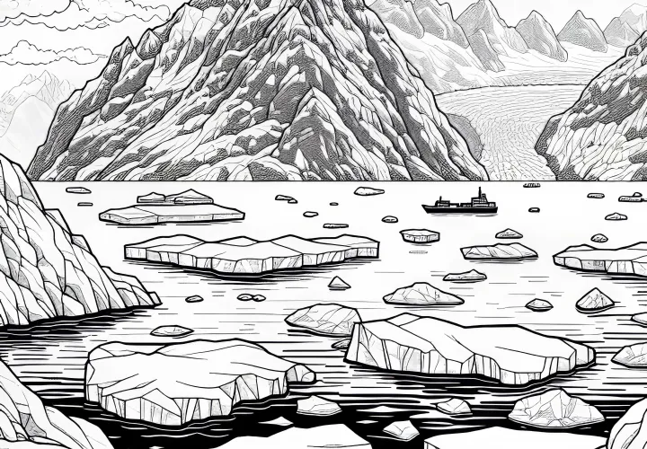 Ice floes drift in the cold water - free coloring page