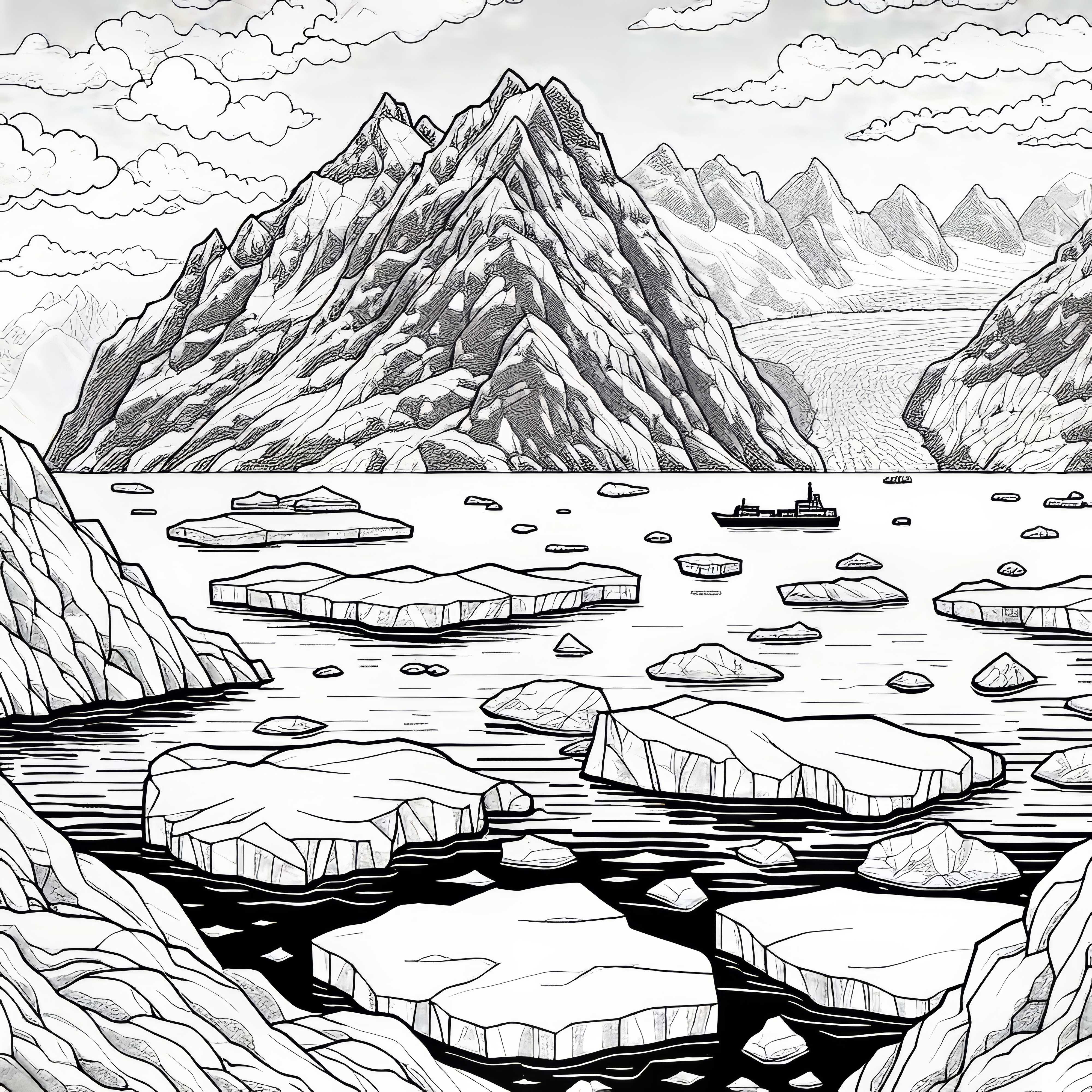 Ледени плочи плавают в студената вода – безплатен шаблон за оцветяване Ледени блокове пла плават в студената вода – Безплатна оцветяваща страница