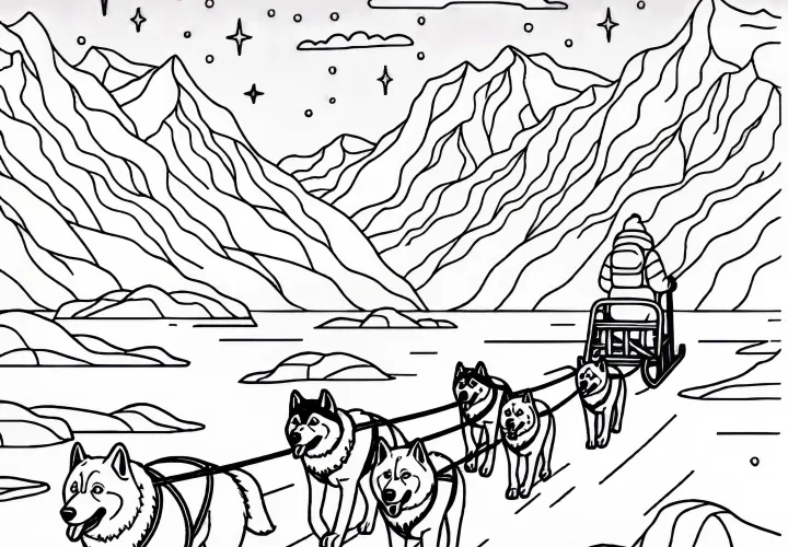 Expedition with sled dogs over the ice of a glacier – free coloring picture
