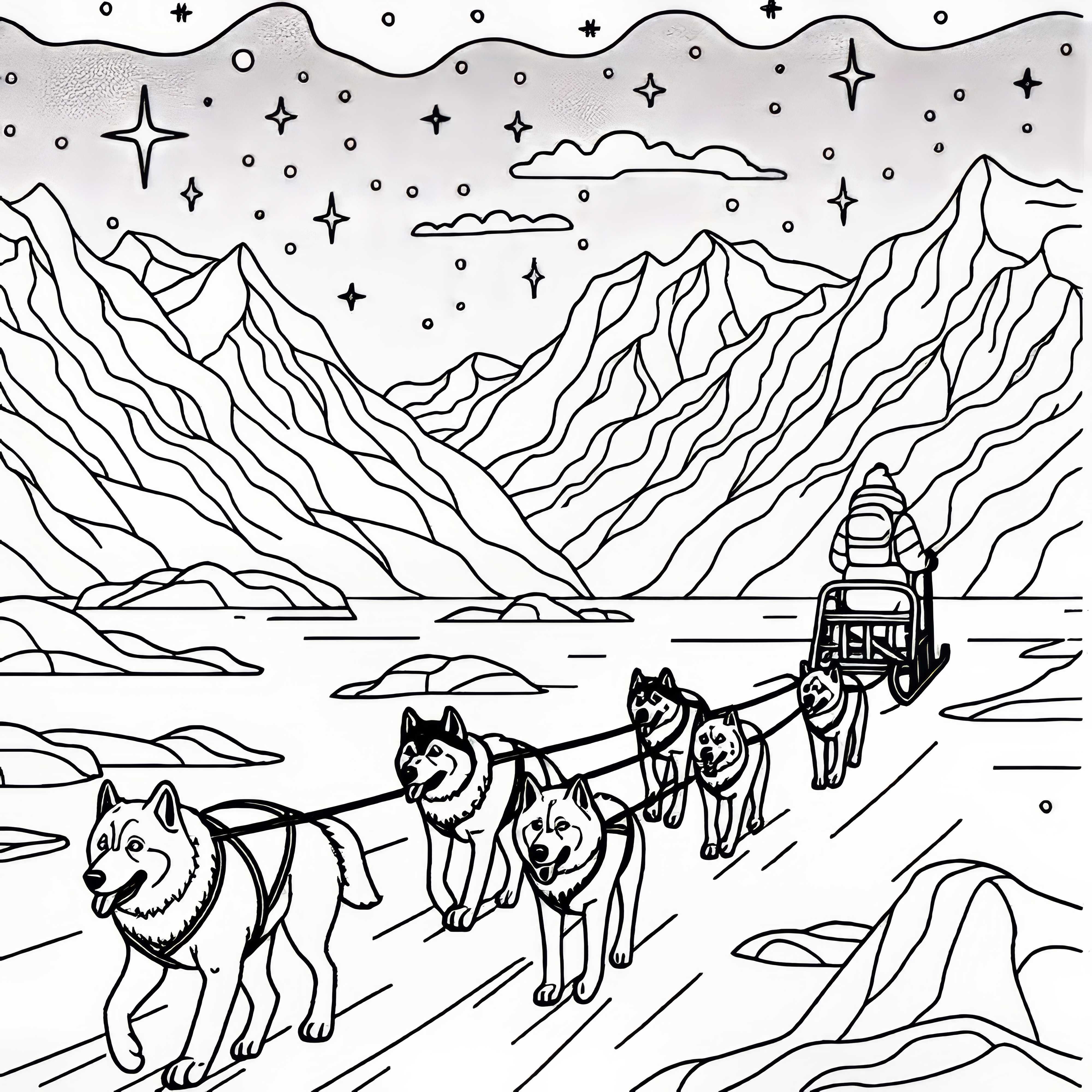 Експедиция с хъскита по леда на ледник – безплатна рисунка за оцветяване Експедиция с ездови кучета по леда на ледник – Безплатен оцветяващ лист