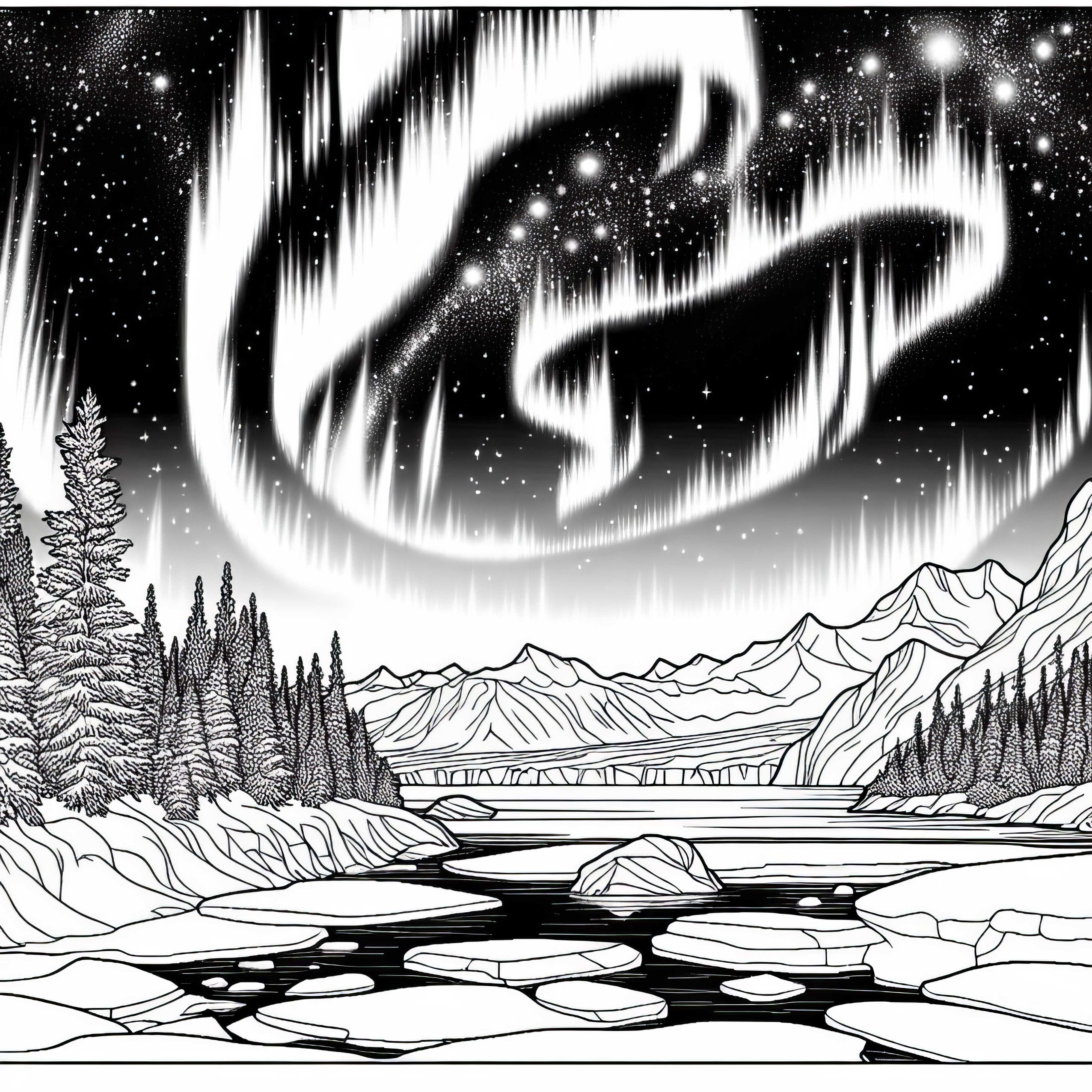 Северно сияние над ледниковия пейзаж – Безплатна оцветяваща страница Северно сияние над ледени ледникови пейзажи – Безплатна оцветяваща страница