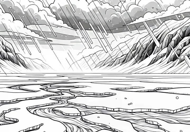 Snowstorm sweeps over the endless ice surface of an ice desert – Free coloring page