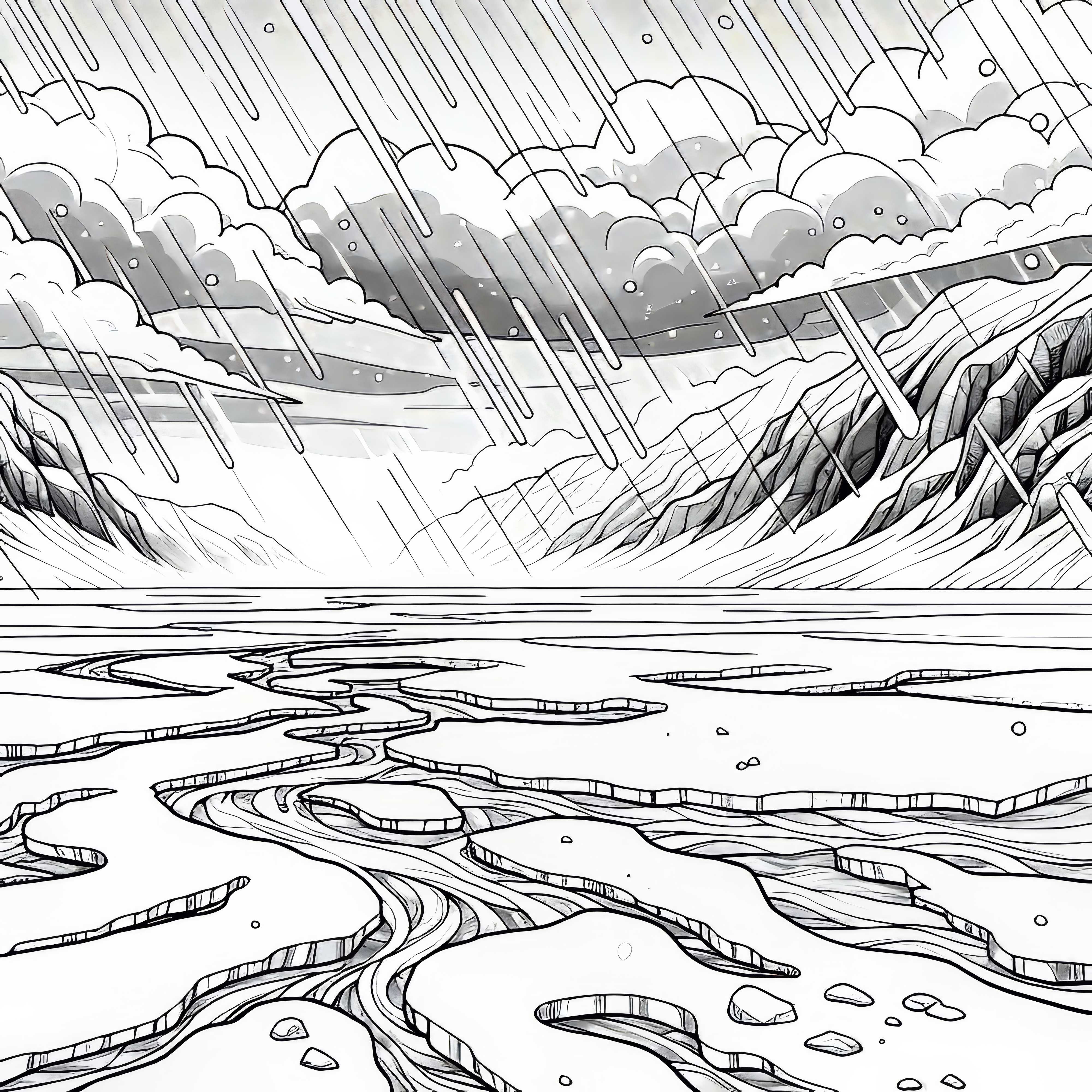 Снежен буря се разразява над безкрайна ледена повърхност на ледена пустиня – безплатна оцветяваща картина Снежен буря се вее над безкрайна ледена площ на ледена пустиня – Безплатна оцветяваща страница