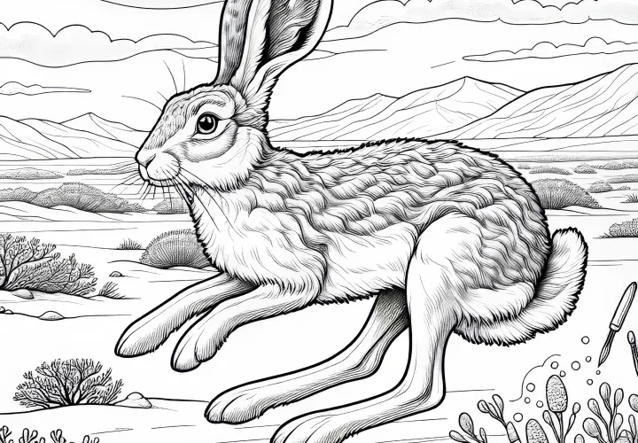 Snow hare hops through the ice desert - free coloring page