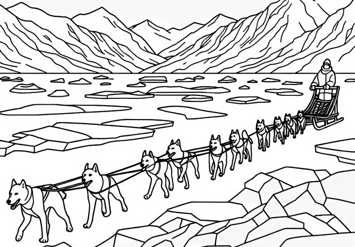 Шейни с кучета теглят мъшера през ледена пустиня – безплатна оцветяваща картина