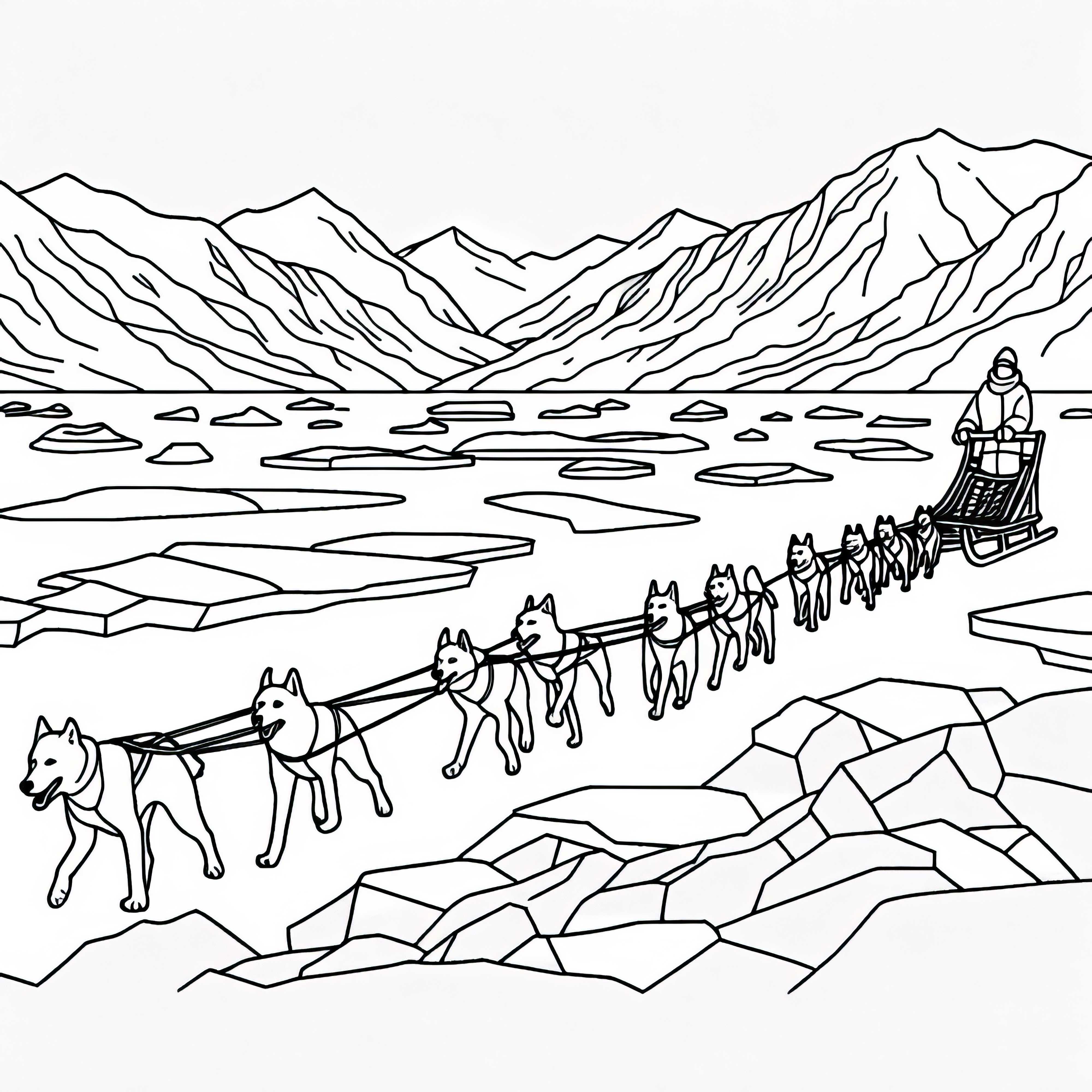 Съдийни кучета теглят мушер през ледена пустиня – Безплатна оцветяваща картина Санки с кучета теглят мушер през ледена пустиня – Безплатна рисунка за оцветяване