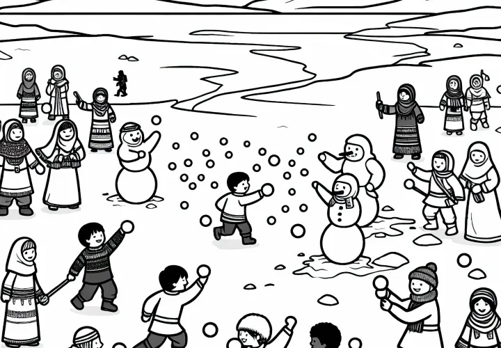 Children are having a snowball fight in an ice desert – Free coloring page