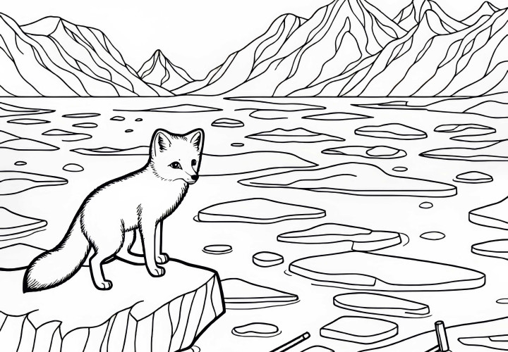 Полярна лисица любопитно наблюдава околната среда в ледяната пустиня - безплатен шаблон за оцветяване