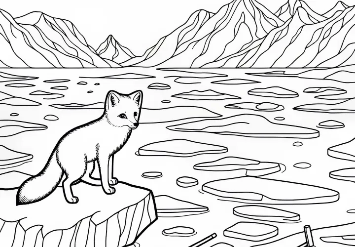 The arctic fox curiously observes the surroundings in the ice desert - free coloring page