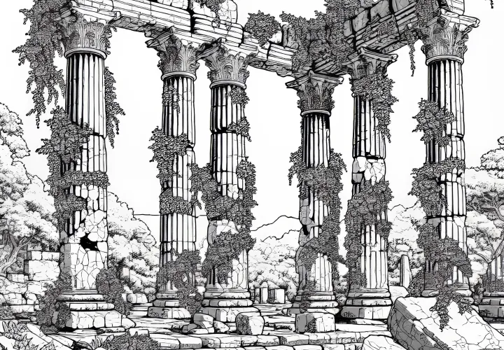 Ruined temple columns with overgrown vines coloring page free