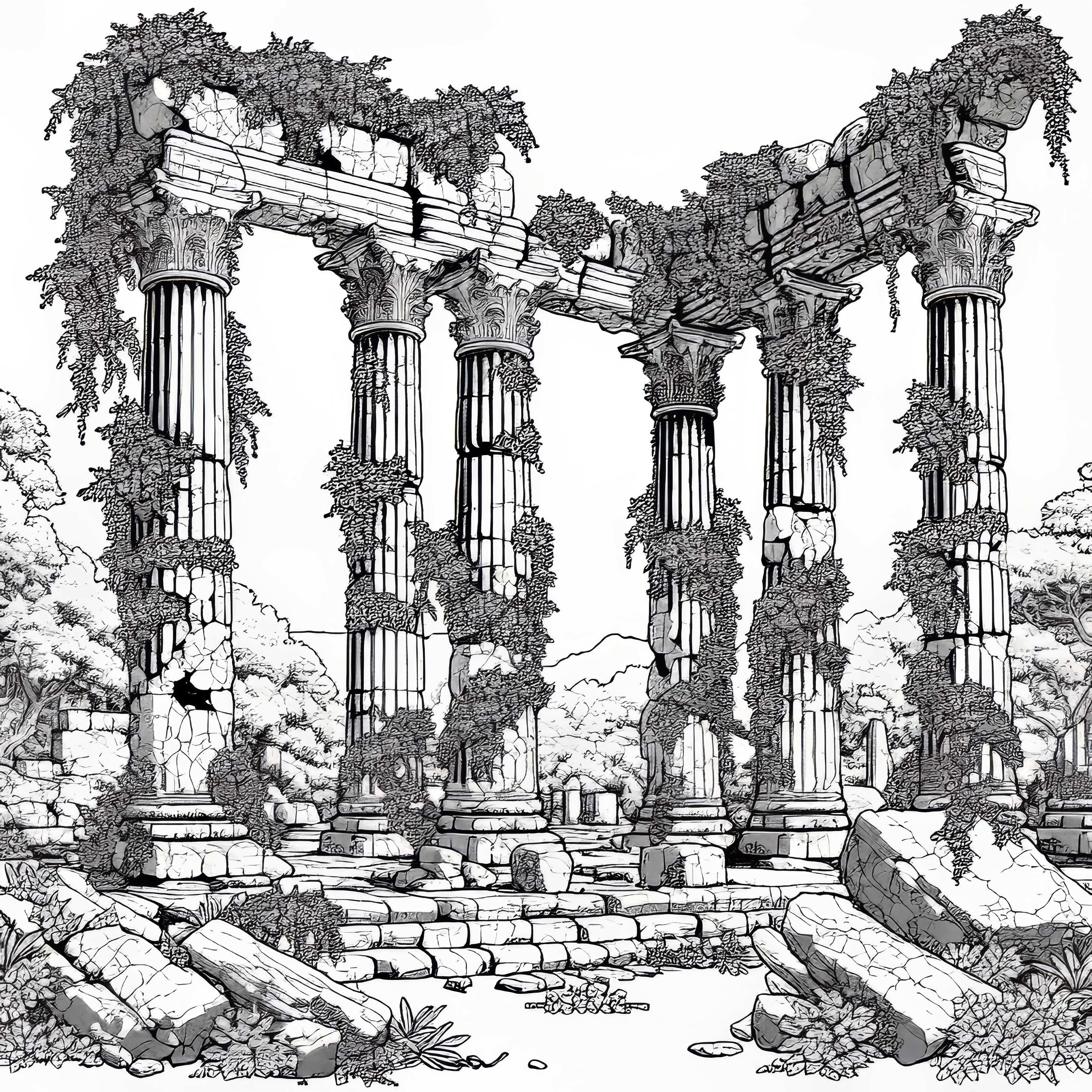 Разрушени храмови колони с вградени лози Рисунка за оцветяване На ruin Безплатно Разрушени колони на храм с враснали лози - шаблон за оцветяване на руини - безплатно