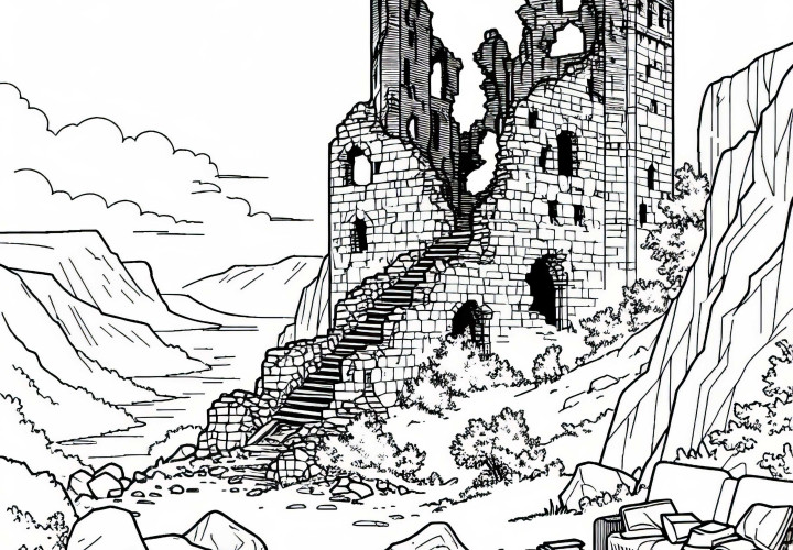 Средновековна замъчна руина с рухнали стени като оцветяваща страница