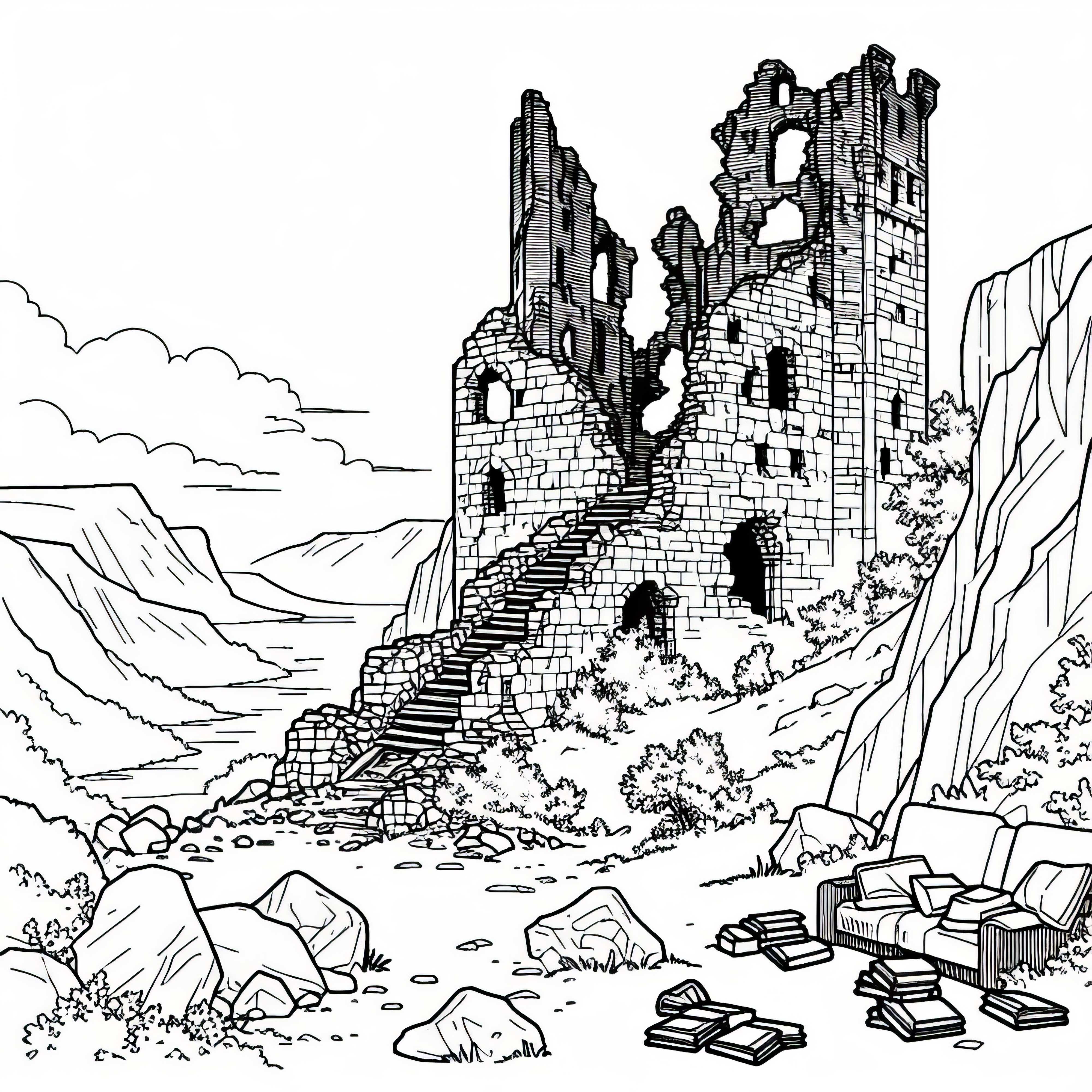 Средновековна замъчна руина с рухнали стени като шаблон за рисуване Средновековна замъчна руина с рухнали стени за оцветяване
