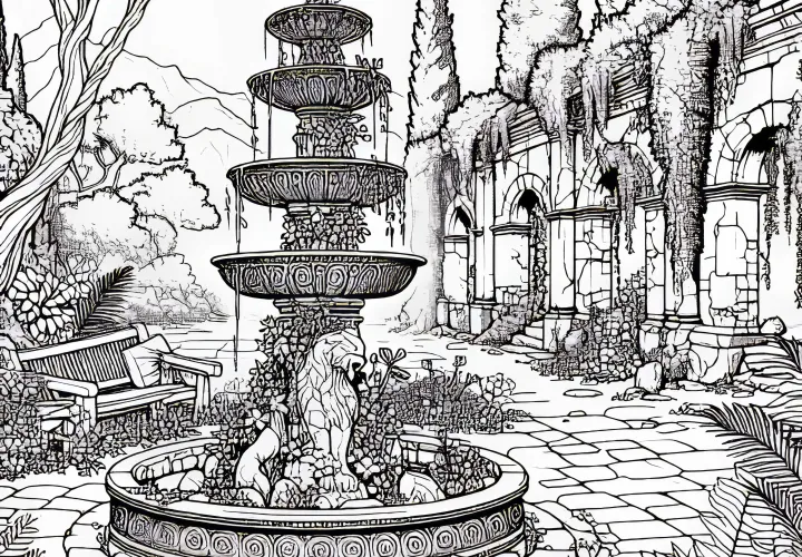 Stone fountain in a monitored courtyard of a ruin - Coloring page free of charge