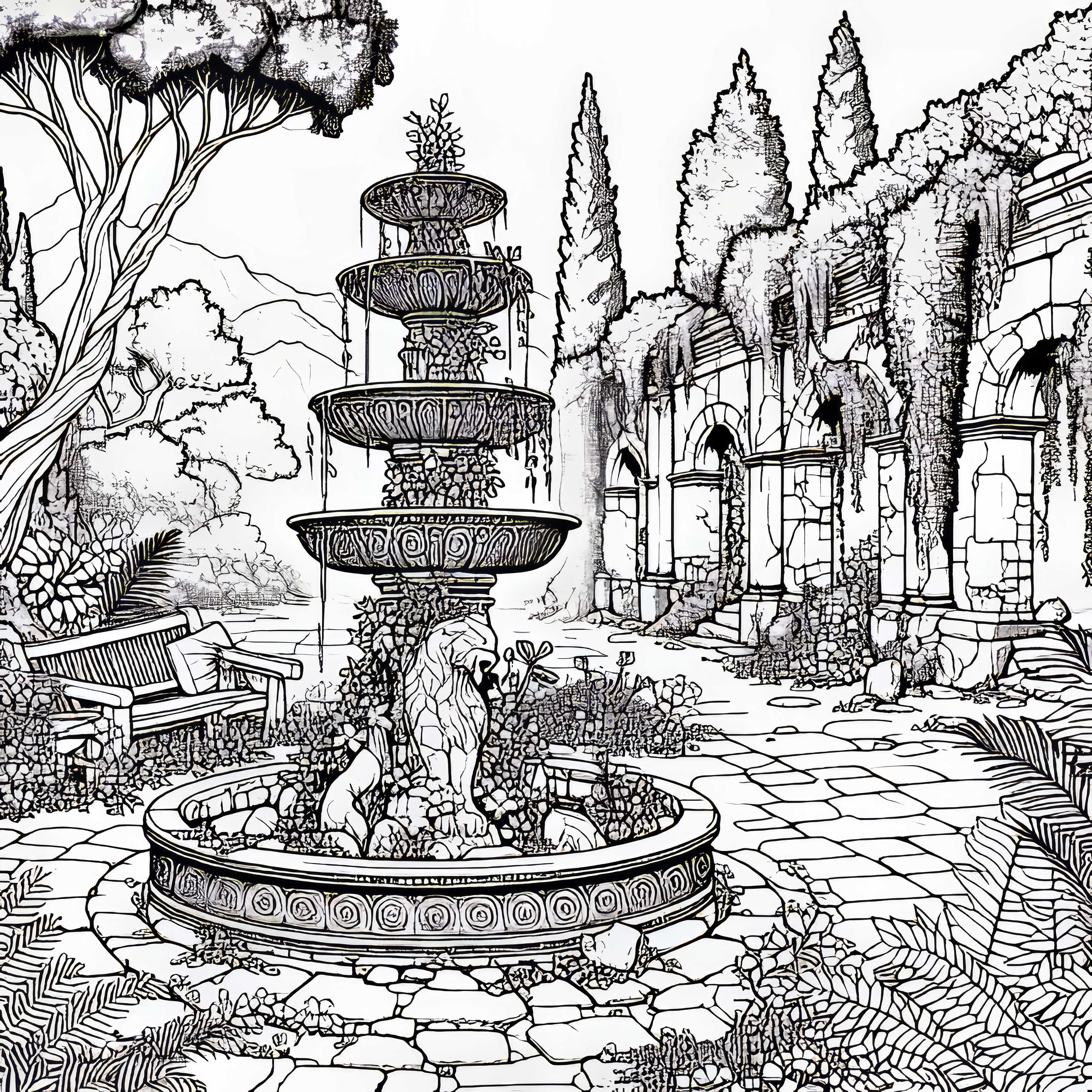 Каменен фонтан в наблюдаван двор на руина - Безплатна рисунка за оцветяване Фонтан от камъни в наблюдаван двор на руини - безплатна картинка за оцветяване