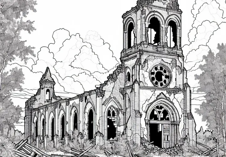 Abandoned church with broken windows – Free coloring page of a ruin