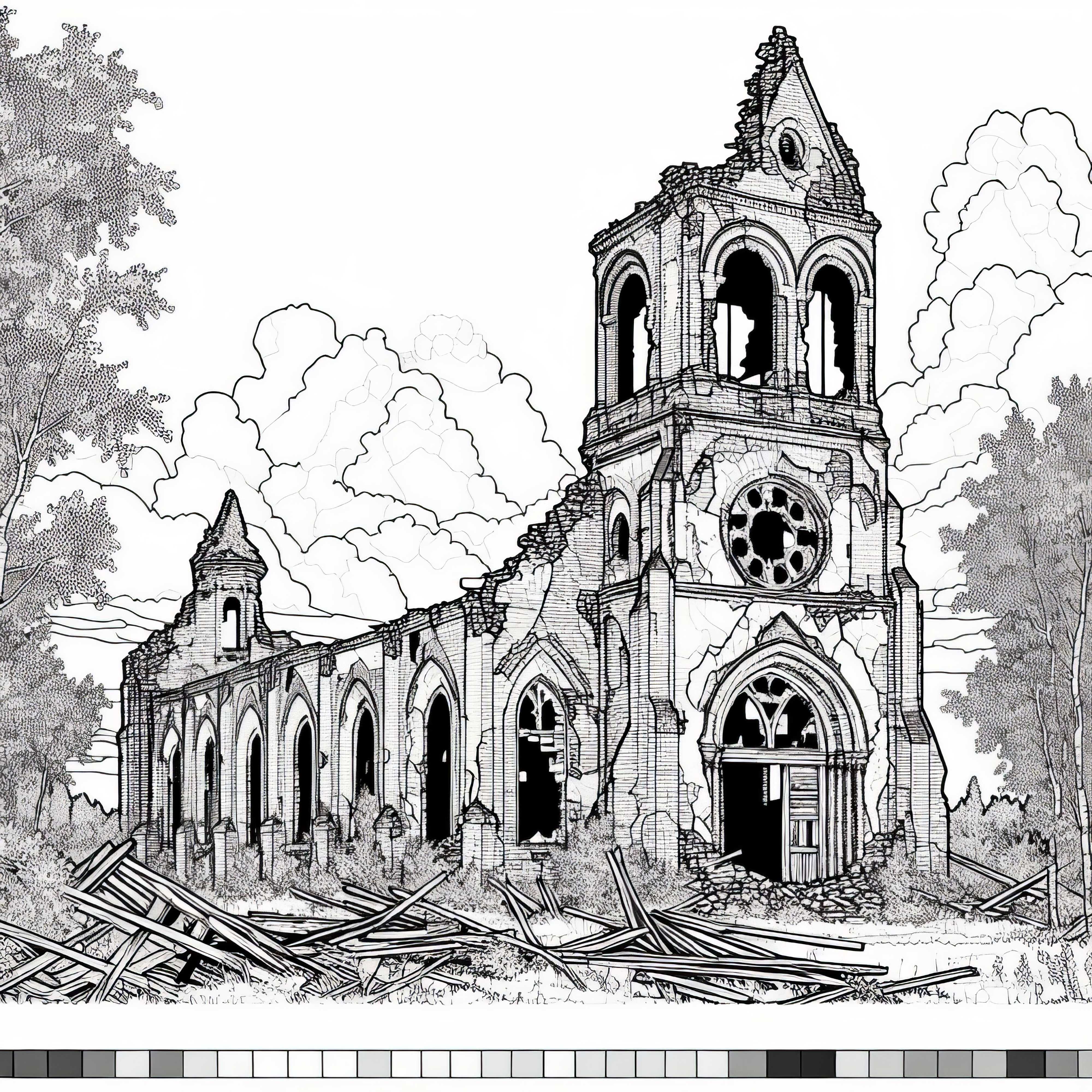 Изоставена църква с счупени прозорци – Безплатен шаблон за рисуване на руина Занемарена църква с счупени прозорци – безплатен шаблон за рисуване на руина