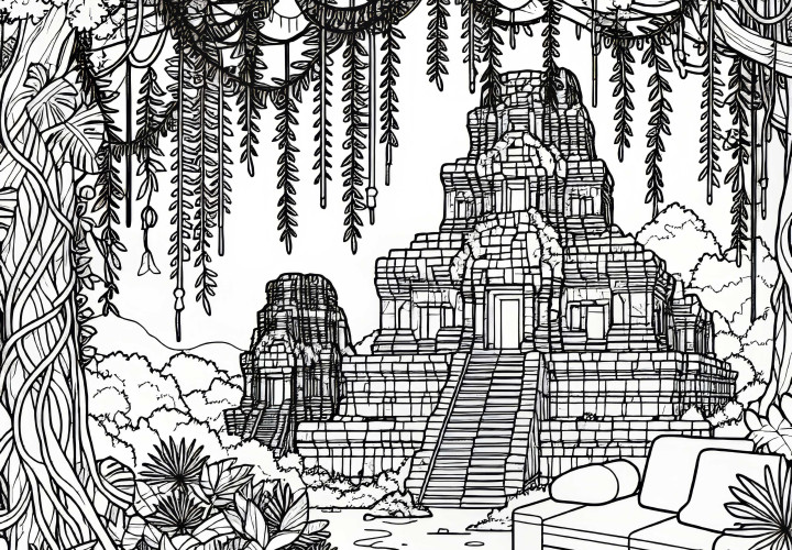 Храм в джунглата с висящи лияни - безплатен шаблон за оцветяване