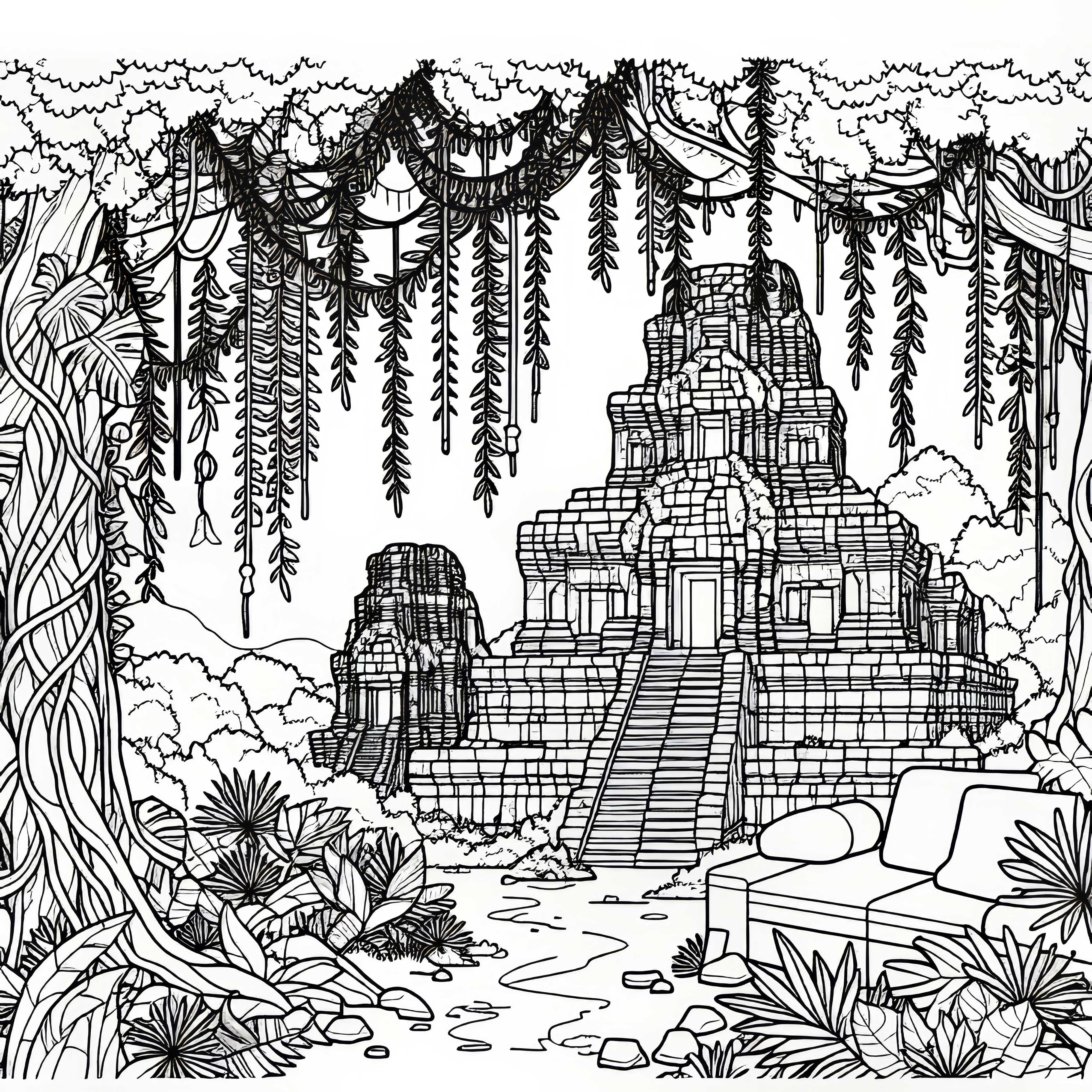 Безплатен оцветяващ лист с джунглов храм и висящи лianas Безплатна цветна схемa на джунглов храм с висящи лianas