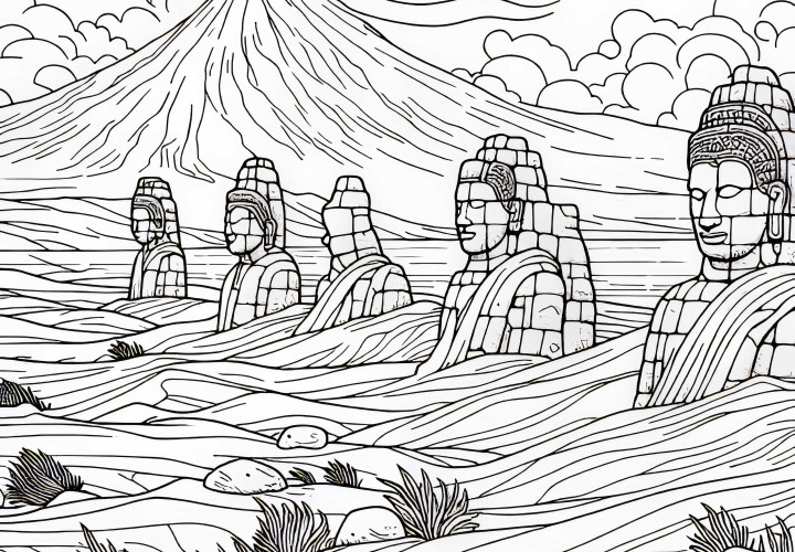 Антични статуи, които постепенно се разрушават от вятъра – Безплатна картина за оцветяване