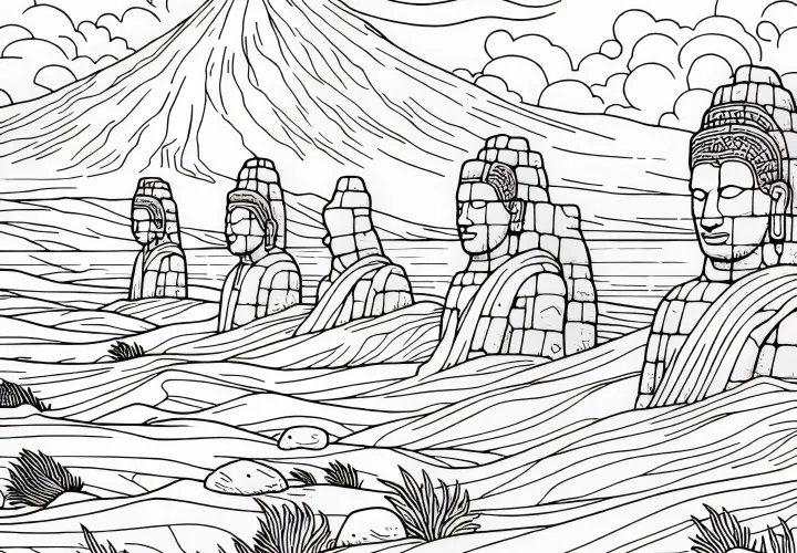 Ancient statues slowly eroded by the wind – Free coloring page