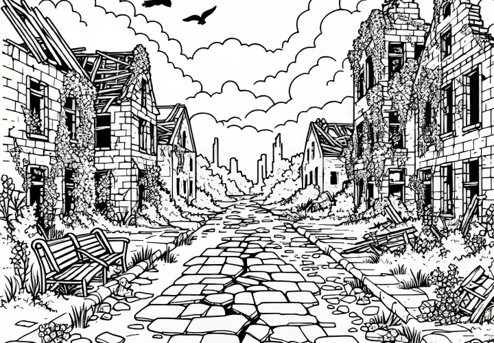 Abandoned city with broken cobblestones – free coloring template ruins