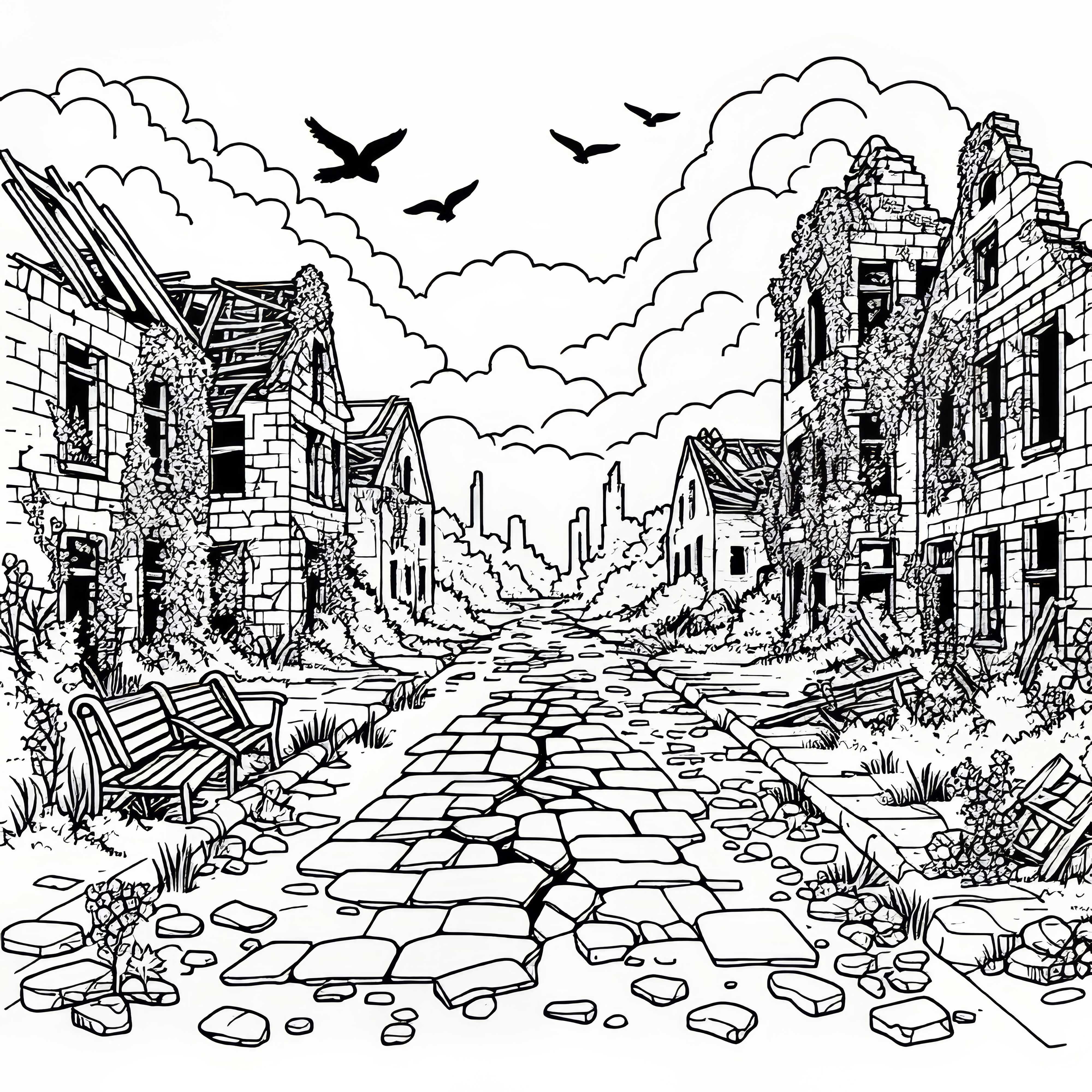 Изоставен град с破лани павета - безплатен шаблон за рисуване на руини Изоставен град с счупени павета - Оцветяваща страница руини безплатно