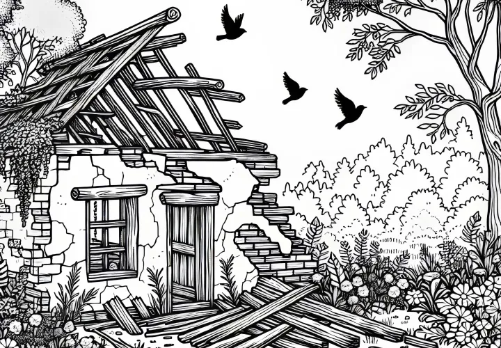 Free Coloring Page of a House Ruin